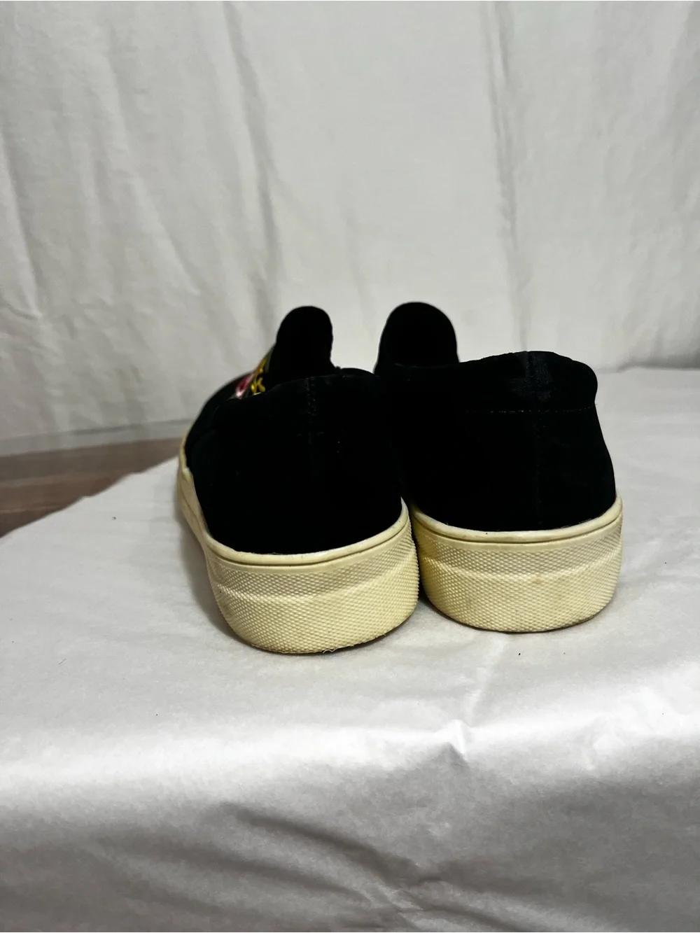 Brash Black Velvet Espadrilles with Pink Floral Embroidery